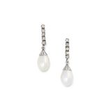 A PAIR OF PEARL AND DIAMOND DROP EARRINGS each set with five round brilliant cut diamonds,