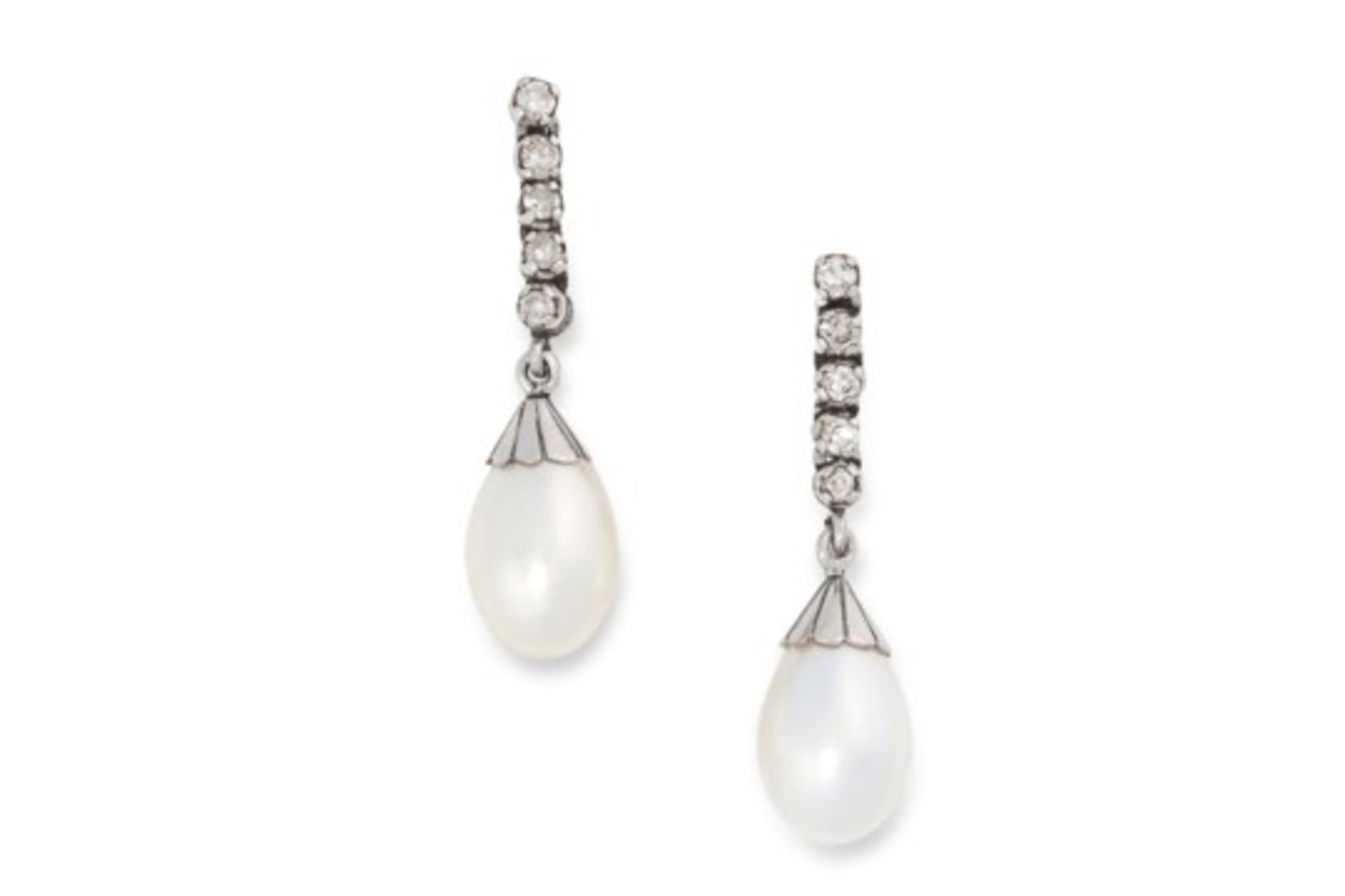 A PAIR OF PEARL AND DIAMOND DROP EARRINGS each set with five round brilliant cut diamonds,