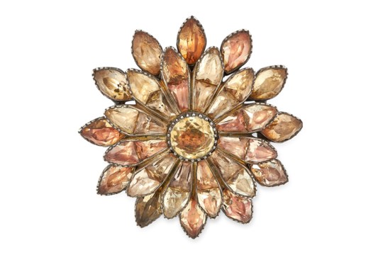 AN ANTIQUE TOPAZ BROOCH, PORTUGUESE LATE 18TH CENTURY in silver, in the form of a flower, set with