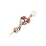 AN ANTIQUE PEARL, RUBY AND DIAMOND BROOCH depicting a clover in scrolling design, set with old and