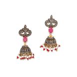 A PAIR OF INDIAN DIAMOND, PEARL AND RUBY EARRINGS set with oval brilliant cut rubies, round cut