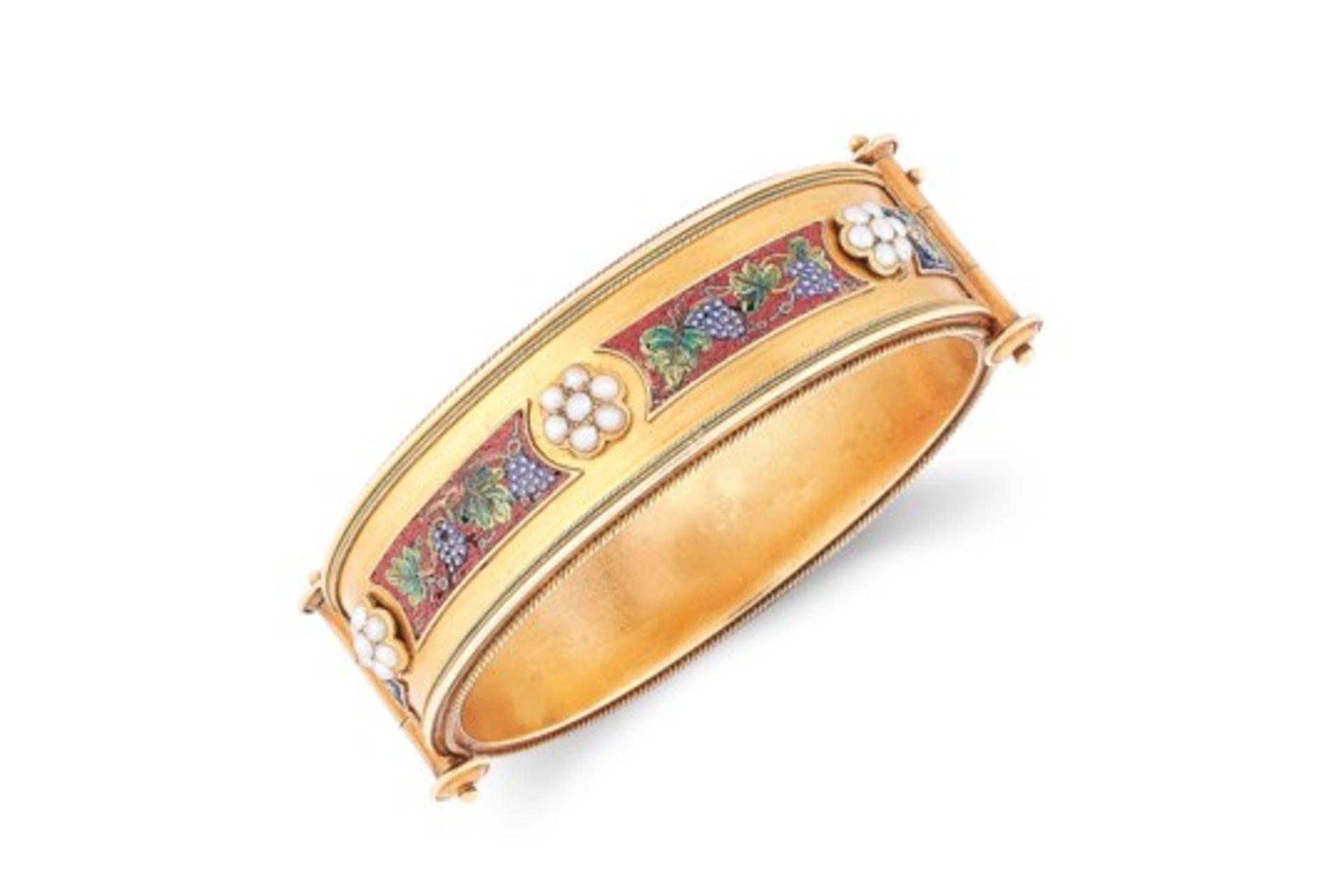 AN ANTIQUE MOSAIC AND PEARL BANGLE, 19TH CENTURY in high carat gold, in Etruscan revival design, set