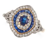 A SAPPHIRE AND DIAMOND TARGET RING, CIRCA 1950 in 18ct yellow gold, set with an oval cut sapphire in