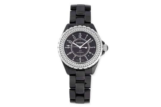 A LADIES J12 DIAMOND WATCH, CHANEL in black ceramic, set with round cut diamonds, signed Chanel, 5cm