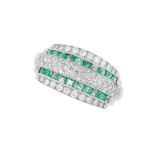 AN EMERALD AND DIAMOND BOMBE RING set with alternating rows of pave set round cut diamonds and