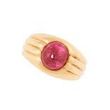 A RUBY RING, RENE BOIVIN CIRCA 1950 in 18ct yellow gold, set with a cabochon ruby on a reeded shank,