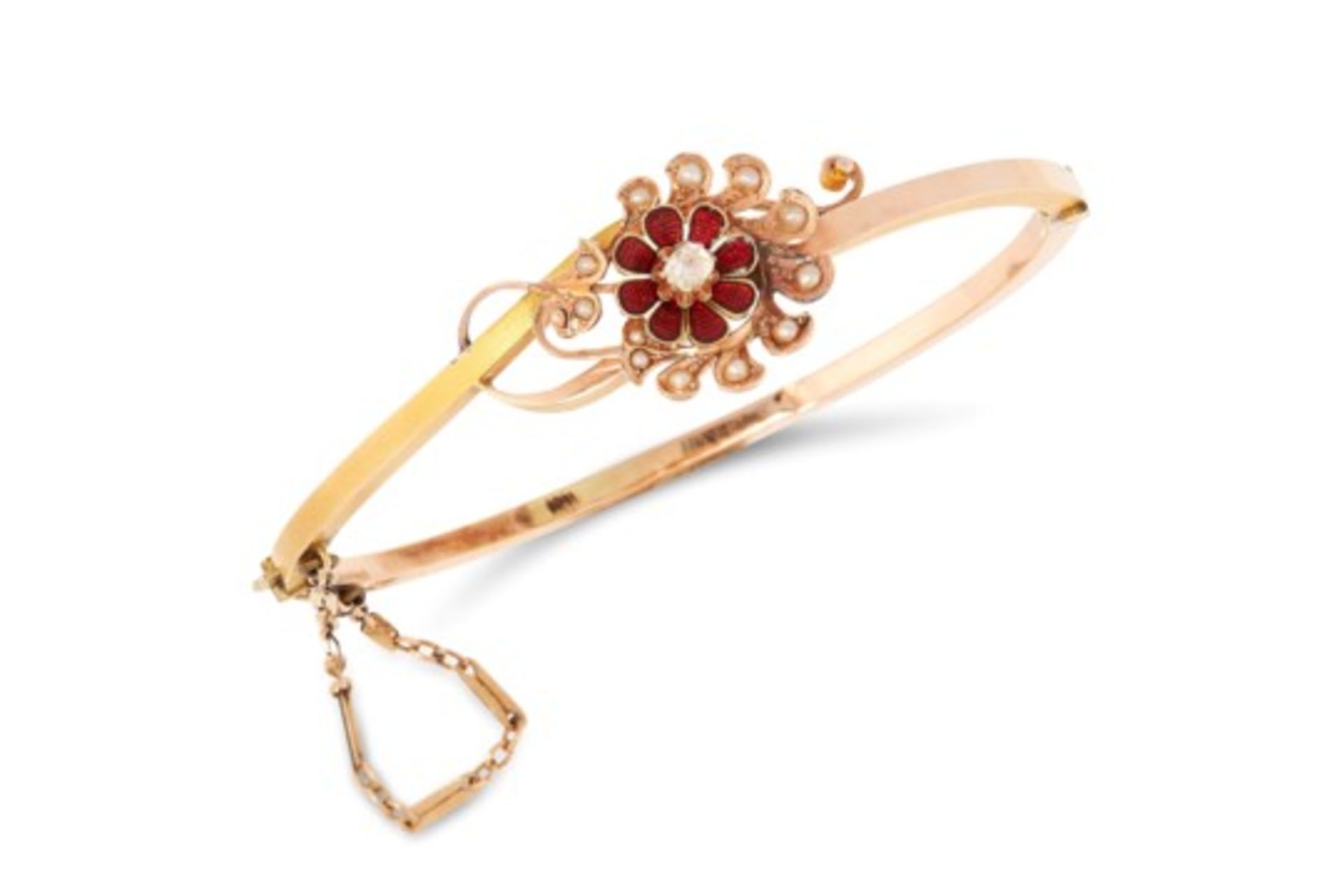 AN ANTIQUE DIAMOND, PEARL AND ENAMEL BANGLE in yellow gold, comprising of a flower jewelled with