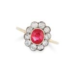 AN ANTIQUE 1.50 CARAT BURMA NO HEAT RUBY AND DIAMOND RING in high carat gold, set with a cushion cut