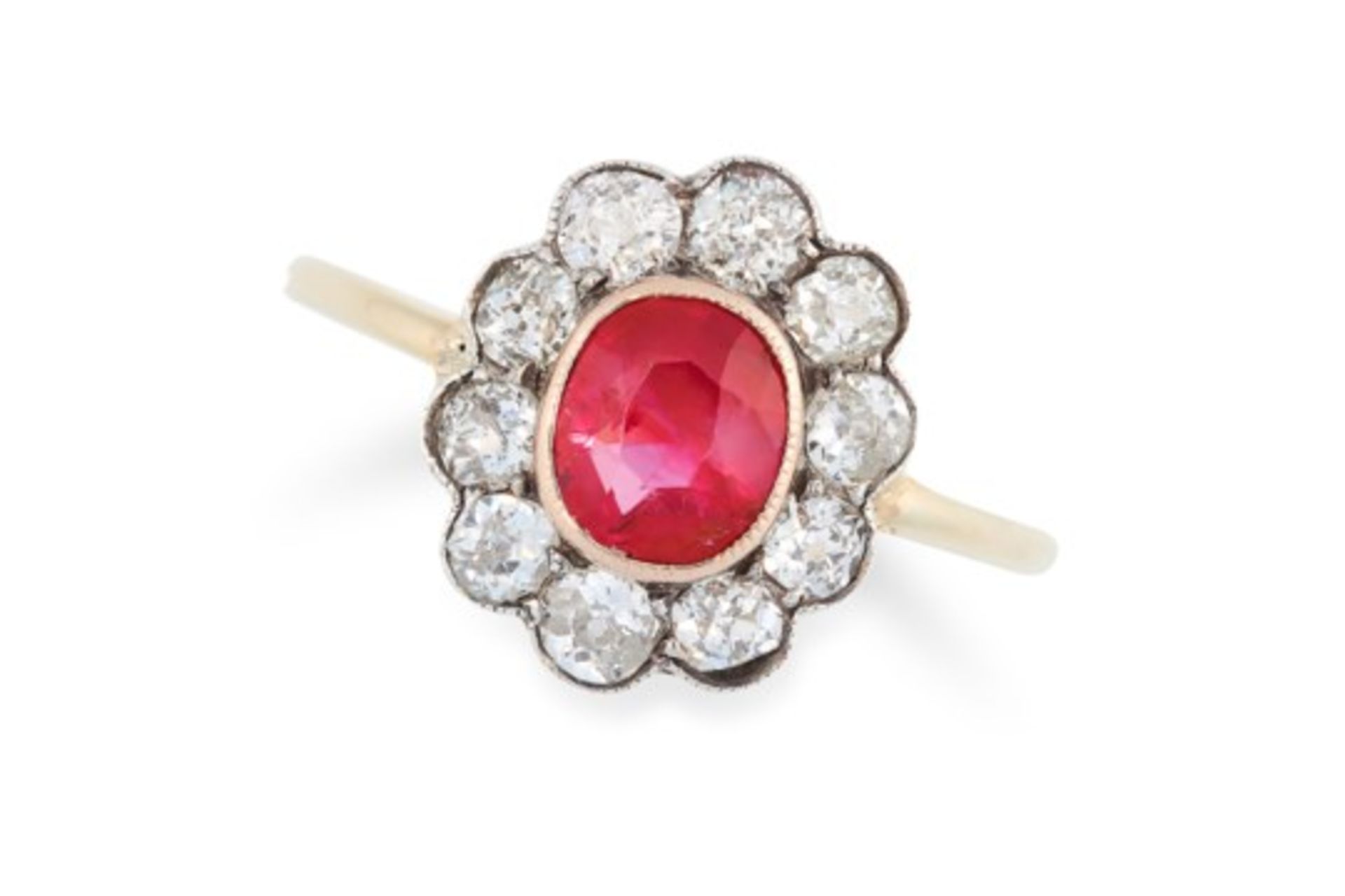 AN ANTIQUE 1.50 CARAT BURMA NO HEAT RUBY AND DIAMOND RING in high carat gold, set with a cushion cut