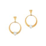 A PAIR OF GOLD HOOP EARRINGS in yellow gold, each hoop set with a heart cut blue gemstone, 3.8cm,