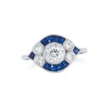 A DIAMOND AND SAPPHIRE RING set with round old cut diamonds and french cut sapphires, size N / 6.