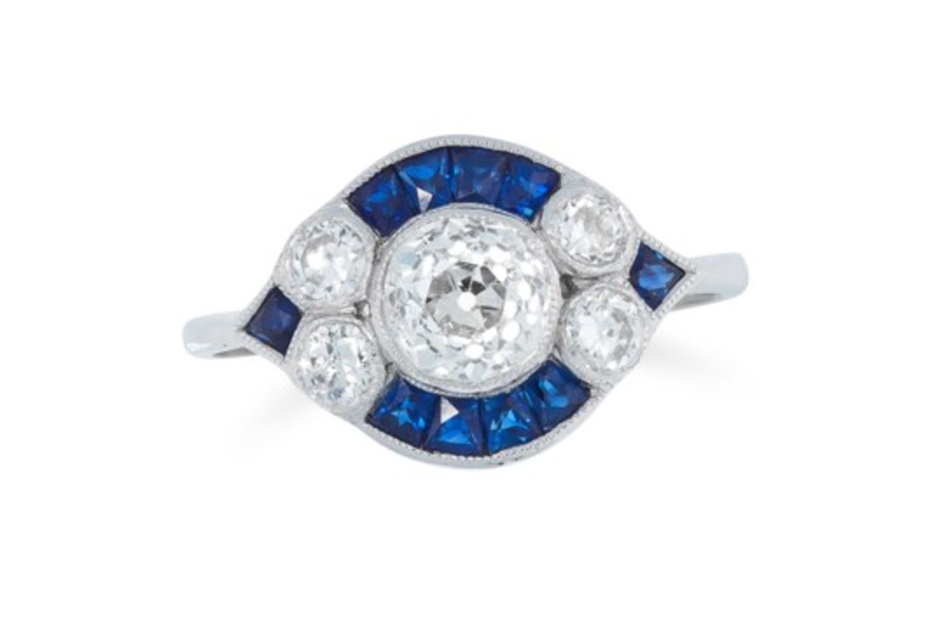 A DIAMOND AND SAPPHIRE RING set with round old cut diamonds and french cut sapphires, size N / 6.