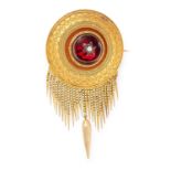 AN ANTIQUE GARNET AND DIAMOND MOURNING TASSEL BROOCH, 19TH CENTURY in high carat yellow gold, in the