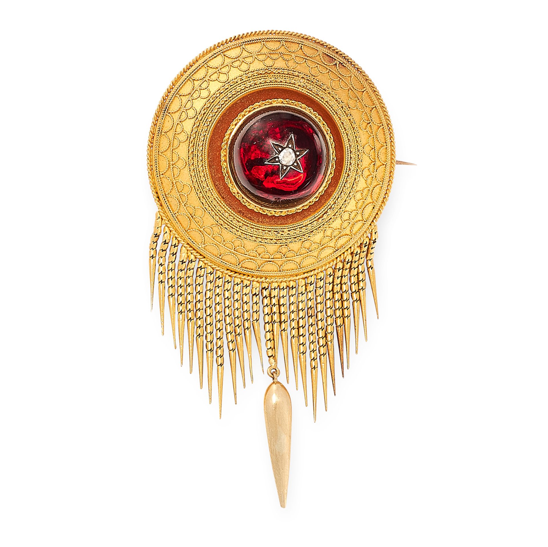 AN ANTIQUE GARNET AND DIAMOND MOURNING TASSEL BROOCH, 19TH CENTURY in high carat yellow gold, in the