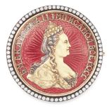 AN ANTIQUE IMPERIAL RUSSIAN DIAMOND AND ENAMEL COIN BROOCH, VASILY KANGIN CIRCA 1900 designed as a
