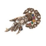 AN ANTIQUE DIAMOND, RUBY, EMERALD AND SAPPHIRE BROOCH, 19TH CENTURY in yellow gold, designed as a