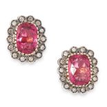 A PAIR OF RUBELLITE TOURMALINE AND DIAMOND STUD EARRINGS in yellow gold and silver, each set with