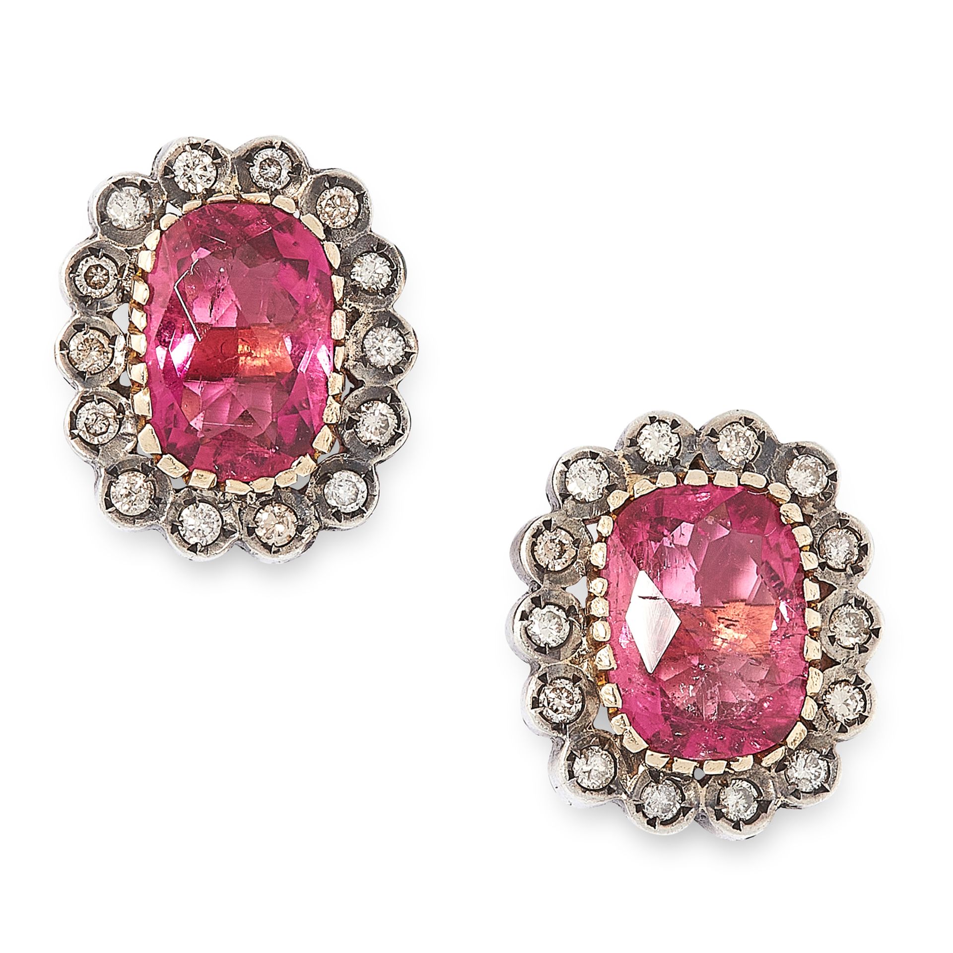 A PAIR OF RUBELLITE TOURMALINE AND DIAMOND STUD EARRINGS in yellow gold and silver, each set with