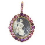 AN ANTIQUE AMETHYST PORTRAIT MINIATURE PENDANT, 19TH CENTURY in yellow gold, the oval aperture