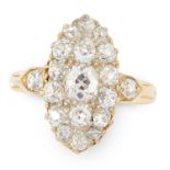 AN ANTIQUE DIAMOND CLUSTER RING in high carat yellow gold, the navette face set with a cluster of