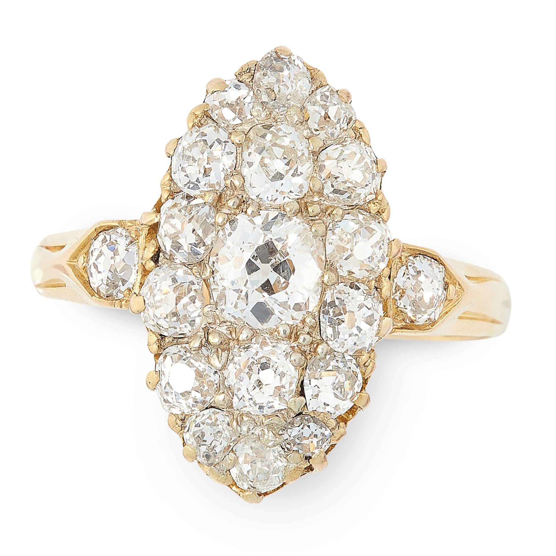AN ANTIQUE DIAMOND CLUSTER RING in high carat yellow gold, the navette face set with a cluster of