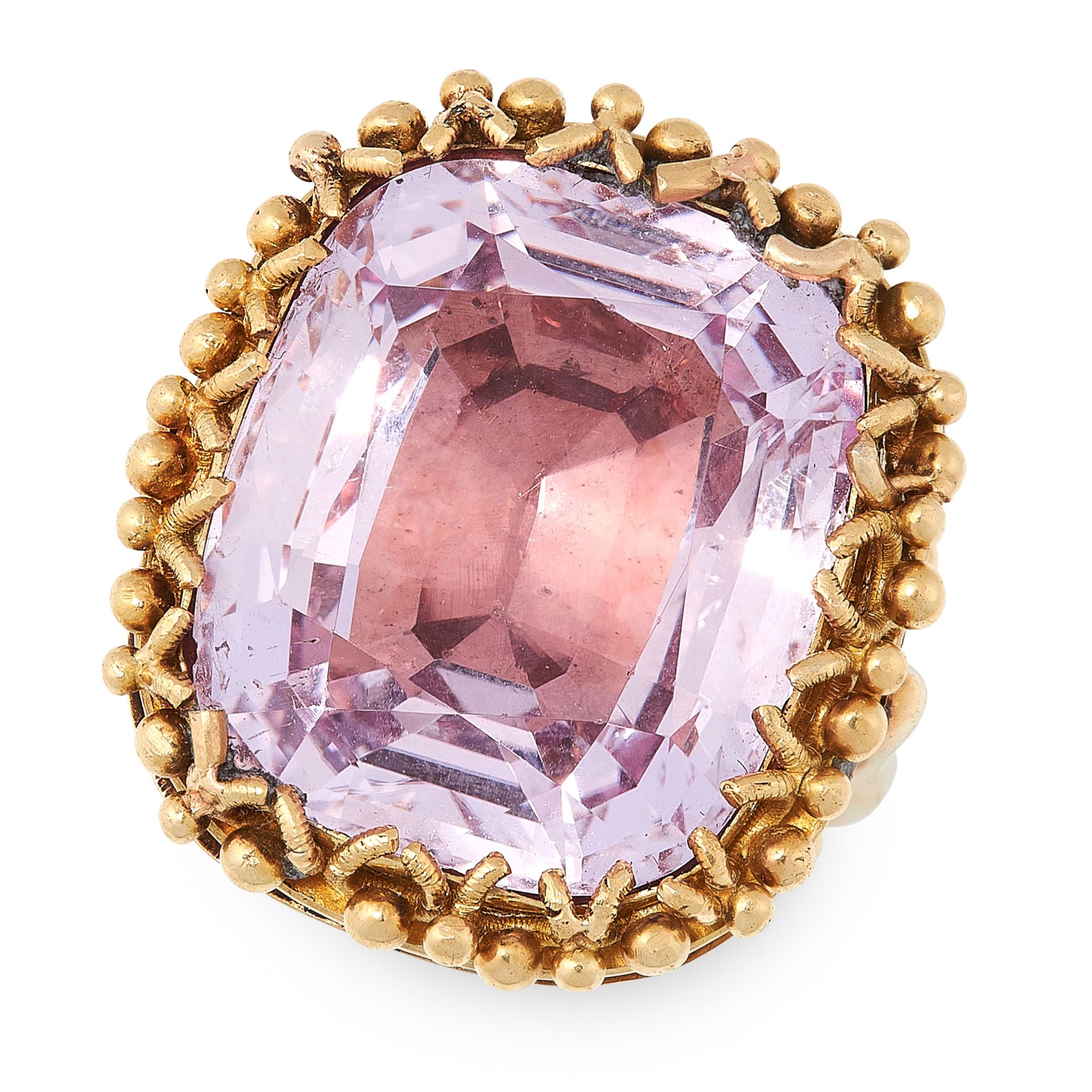 AN ANTIQUE PINK TOPAZ RING in 18ct yellow gold, set with a cushion cut pink topaz of 20.25 carats