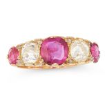 AN ANTIQUE VICTORIAN BURMA NO HEAT RUBY AND DIAMOND RING in 18ct yellow gold, set with a trio of