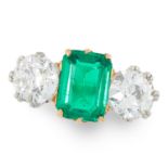 A COLOMBIAN EMERALD AND DIAMOND RING CIRCA 1950 in platinum and yellow gold, set with an emerald cut