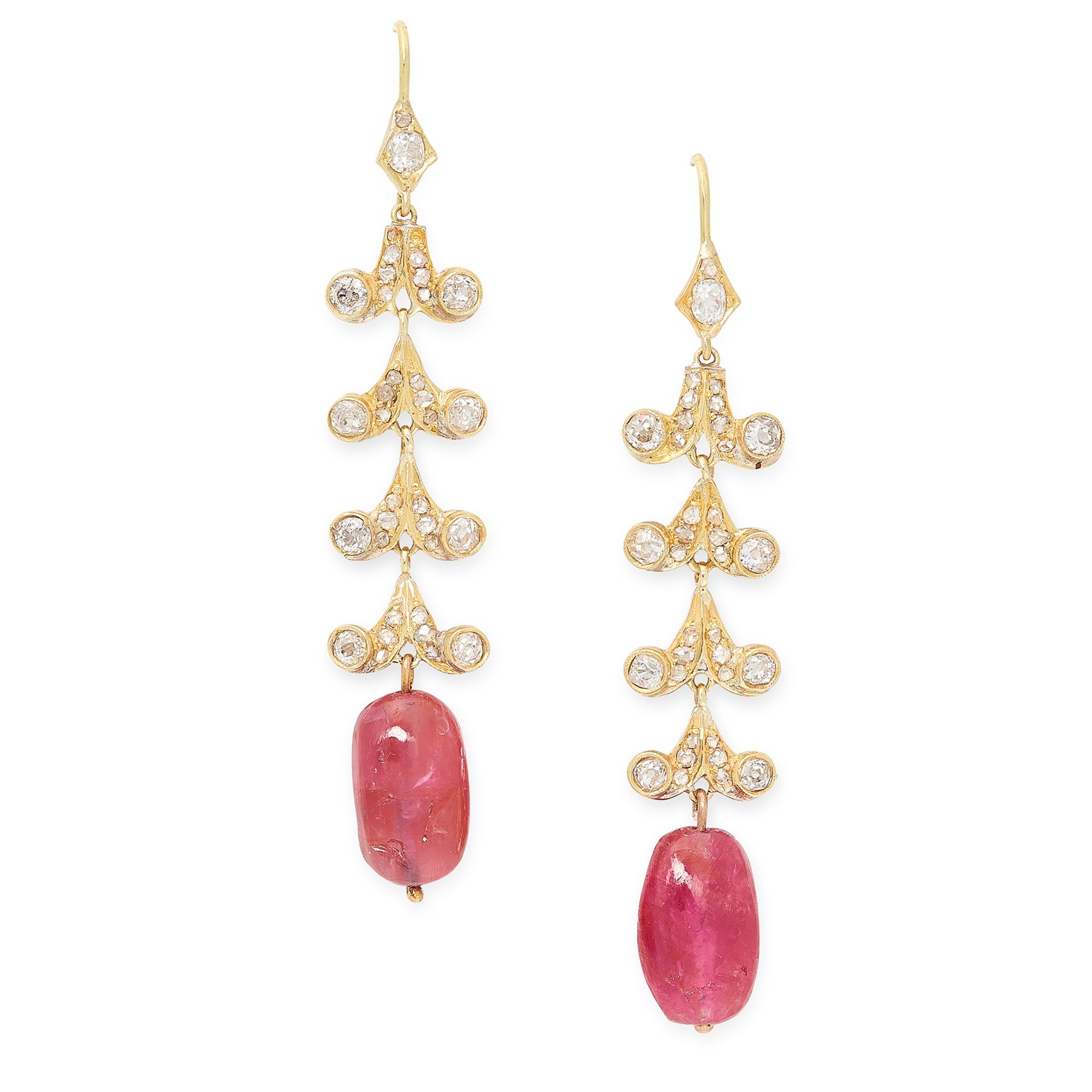 A PAIR OF BURMA NO HEAT RUBY AND DIAMOND EARRINGS in yellow gold, each designed as a chandelier of