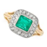 AN EMERALD AND DIAMOND RING in 18ct yellow gold, set with a mixed cut emerald within a border of