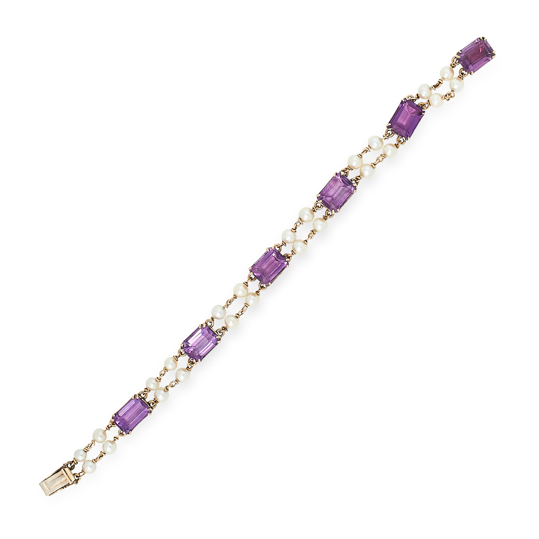 AN AMETHYST AND PEARL BRACELET in 14ct yellow gold, comprising a row of six emerald cut amethysts