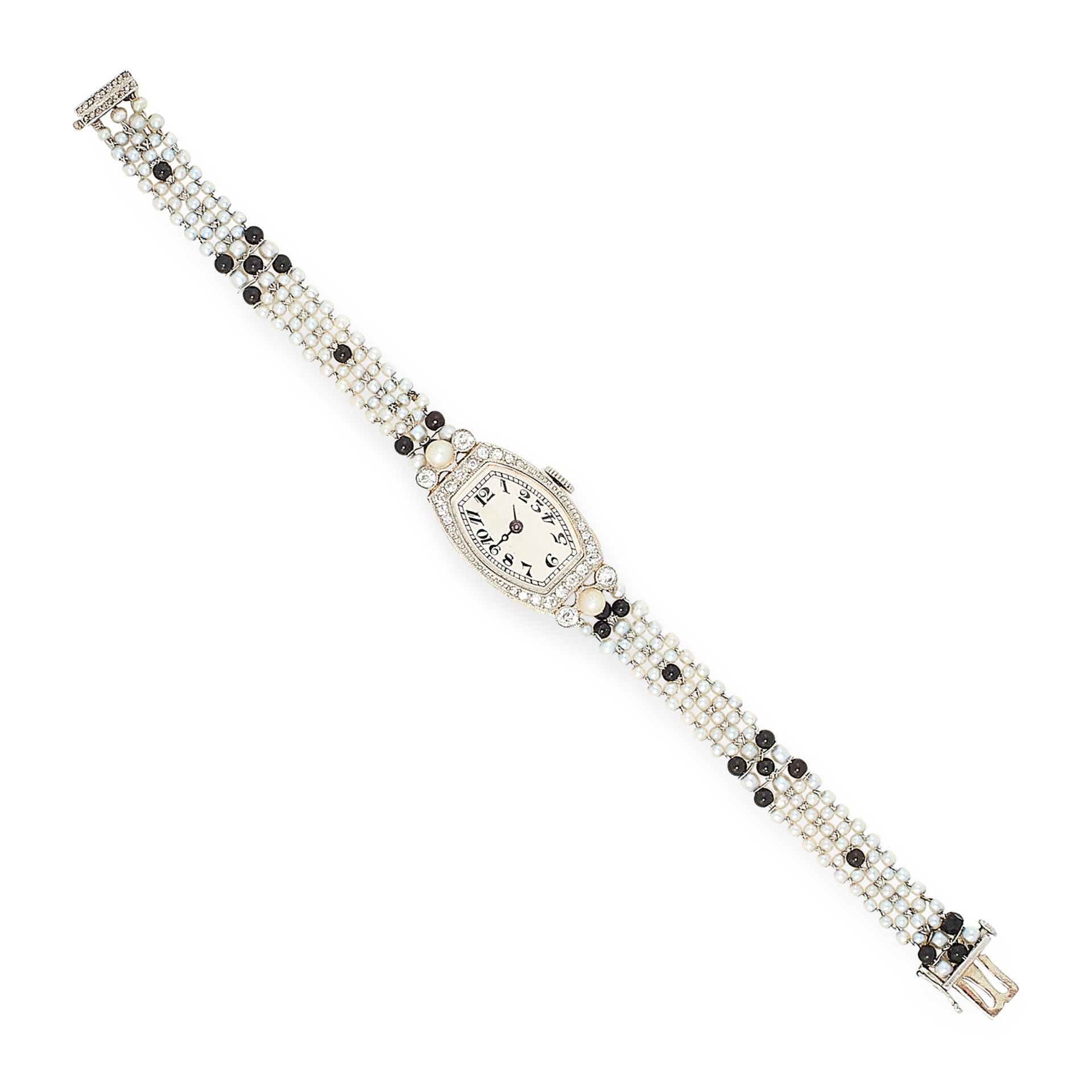 AN ART DECO DIAMOND PEARL AND ONYX COCKTAIL WATCH the barrel shaped case set with round cut