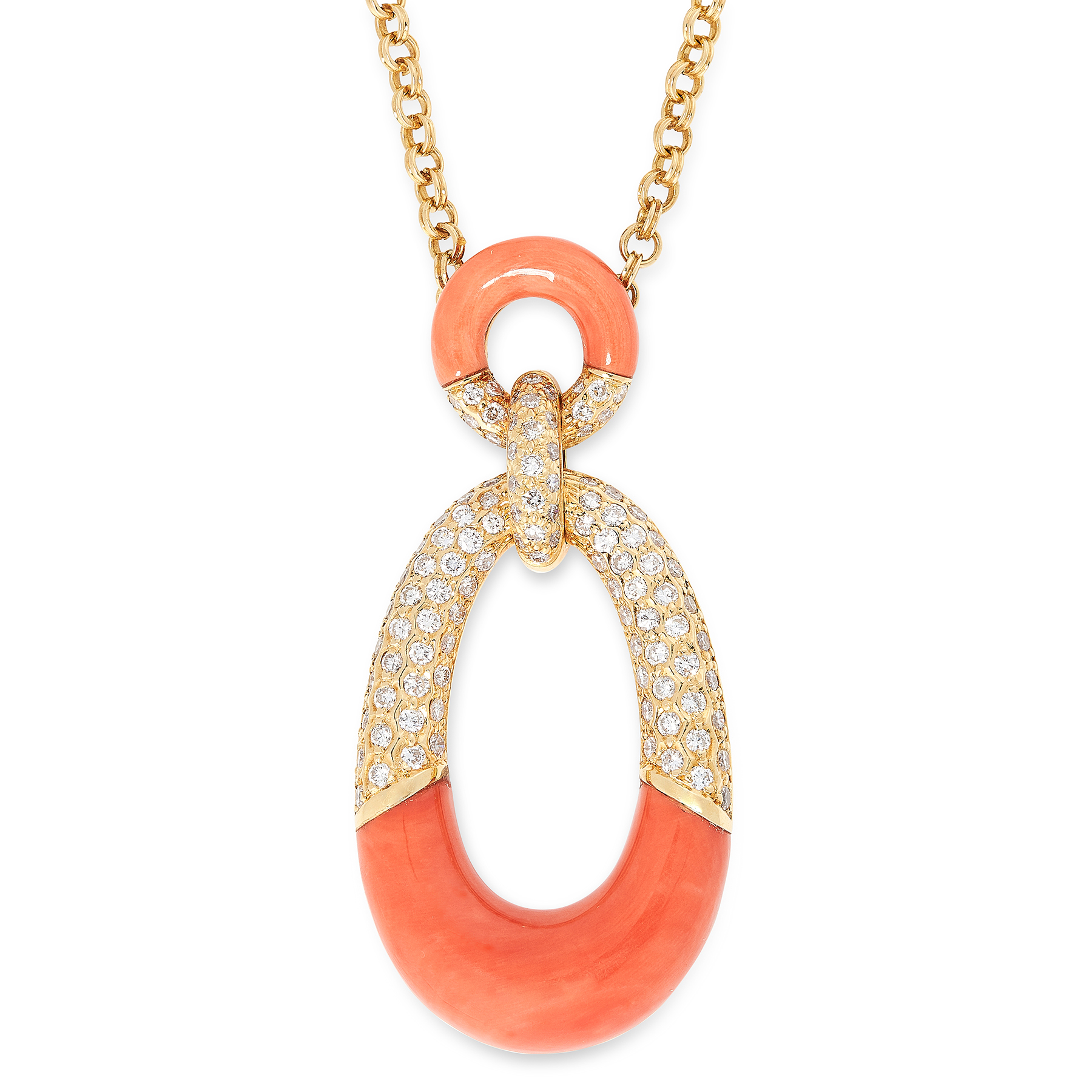 A VINTAGE CORAL AND DIAMOND PENDANT NECKLACE in 18ct yellow gold, designed as two graduated hoops