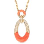 A VINTAGE CORAL AND DIAMOND PENDANT NECKLACE in 18ct yellow gold, designed as two graduated hoops