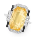 AN ART DECO CEYLON NO HEAT YELLOW SAPPHIRE, ONYX AND DIAMOND RING, EARLY 20TH CENTURY set with a
