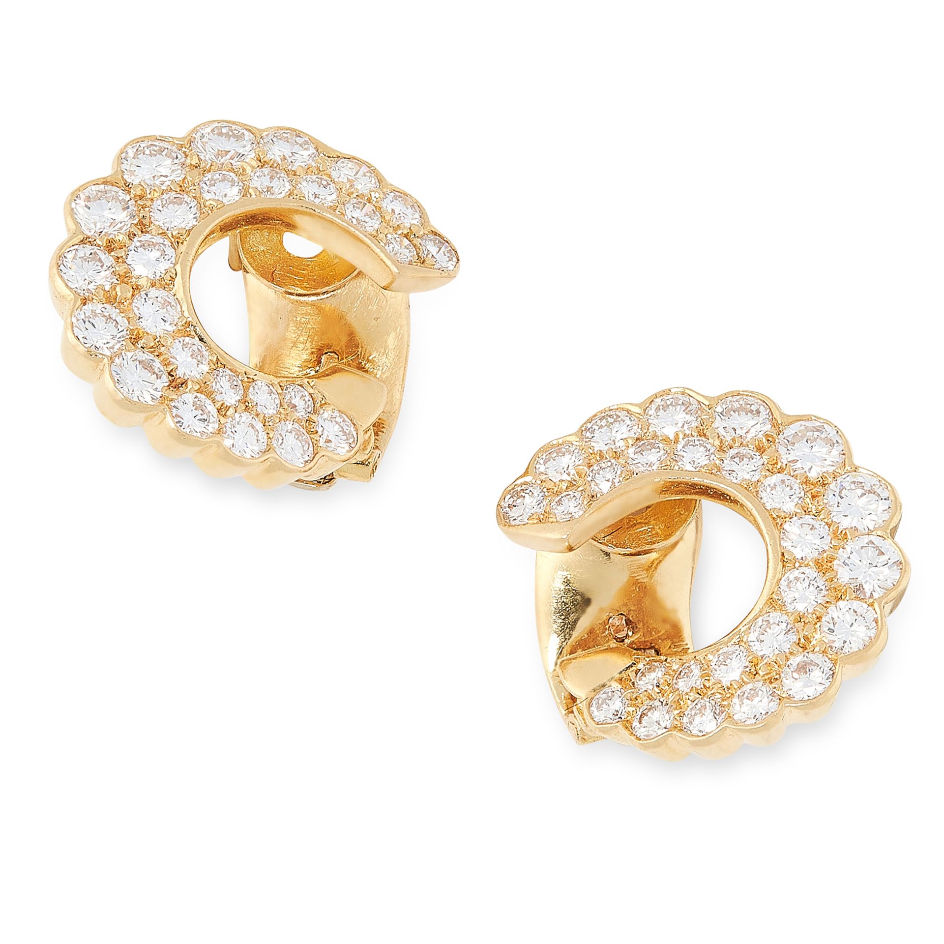 A PAIR OF VINTAGE DIAMOND EARRINGS, VAN CLEEF & ARPELS in 18ct yellow gold, of hoop design, jewelled