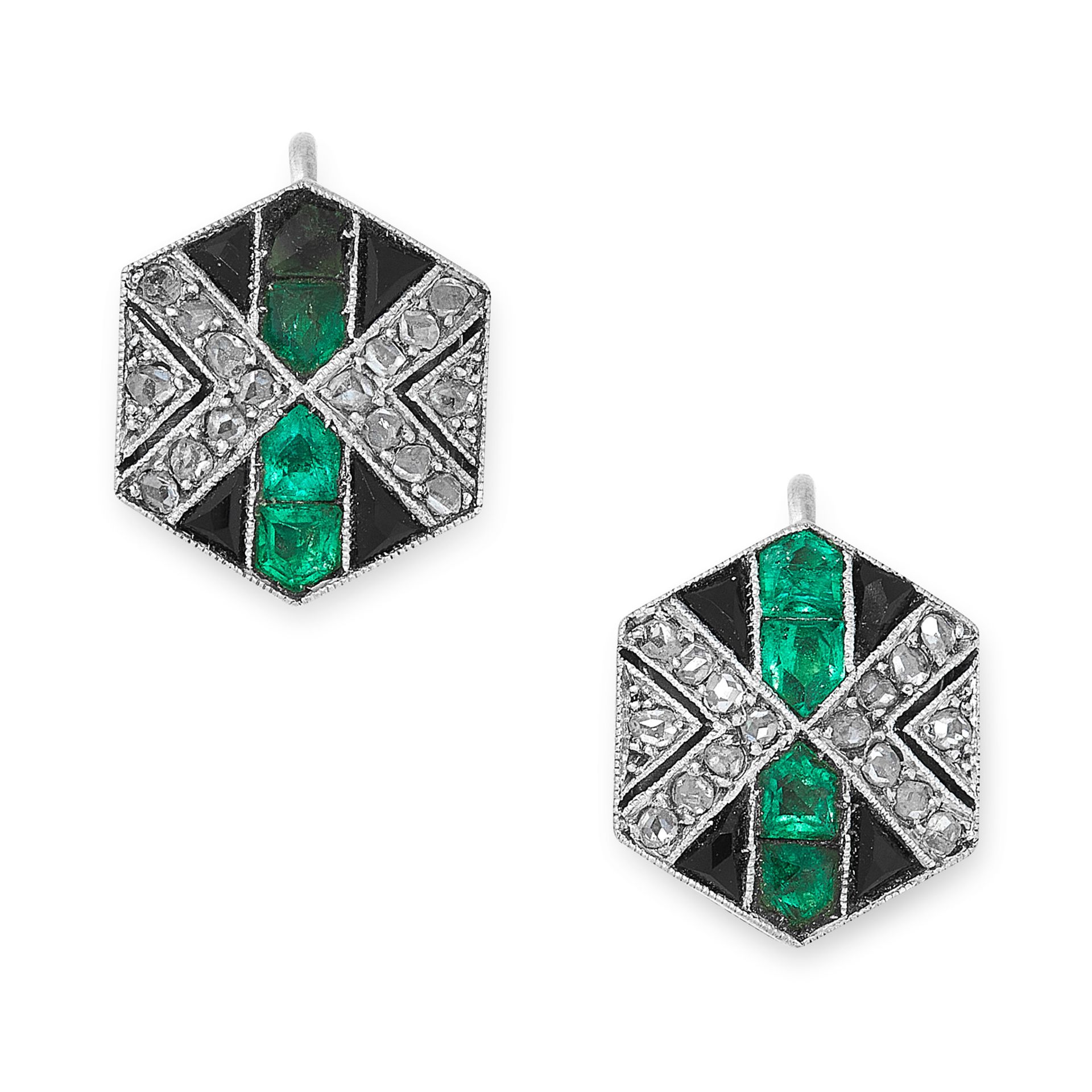 A PAIR OF ART DECO EMERALD, ONYX AND DIAMOND EARRINGS, EARLY 20TH CENTURY each of hexagonal