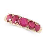 AN ANTIQUE BURMA NO HEAT RUBY DRESS RING in 18ct yellow gold, set with five graduated cushion cut