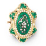 AN ANTIQUE PEARL, DIAMOND AND ENAMEL FORGET ME NOT BROOCH, 19TH CENTURY in high carat yellow gold,