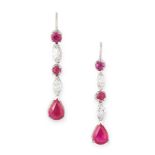 A PAIR OF RUBY AND DIAMOND DROP EARRINGS each comprising a row of five alternating pear and round
