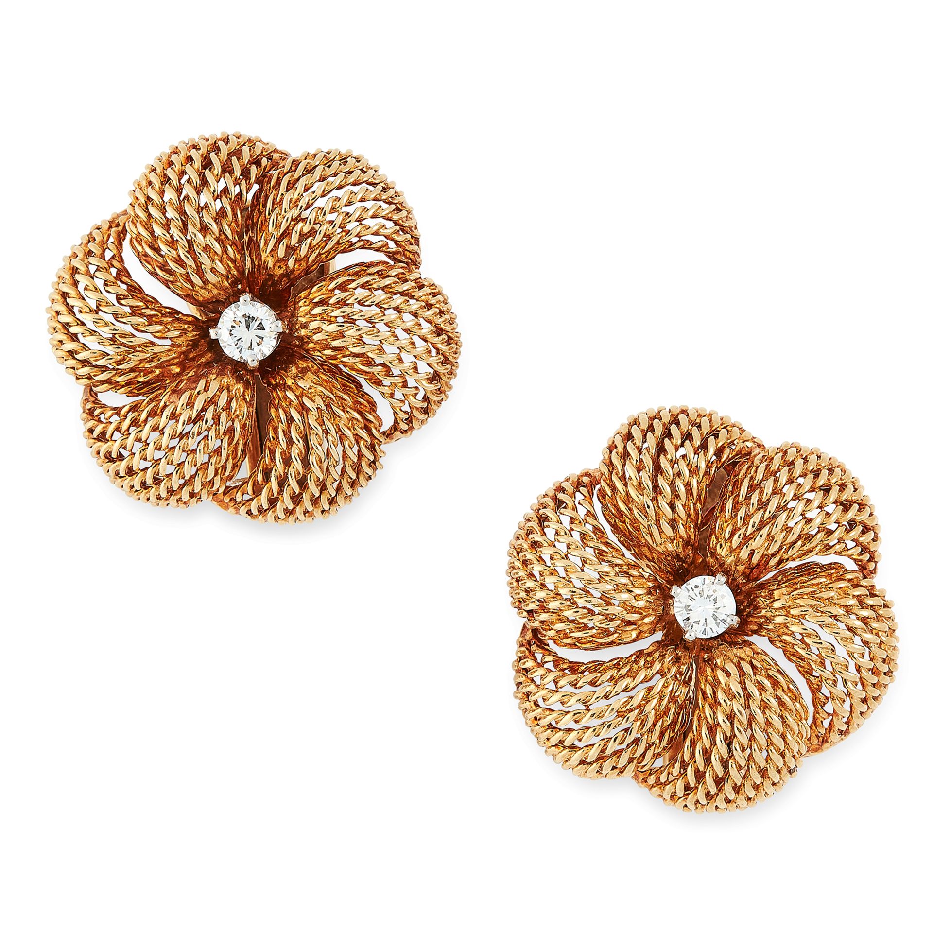 A PAIR OF VINTAGE DIAMOND CLIP EARRINGS, STERLE in 18ct yellow gold, each designed as a flower set