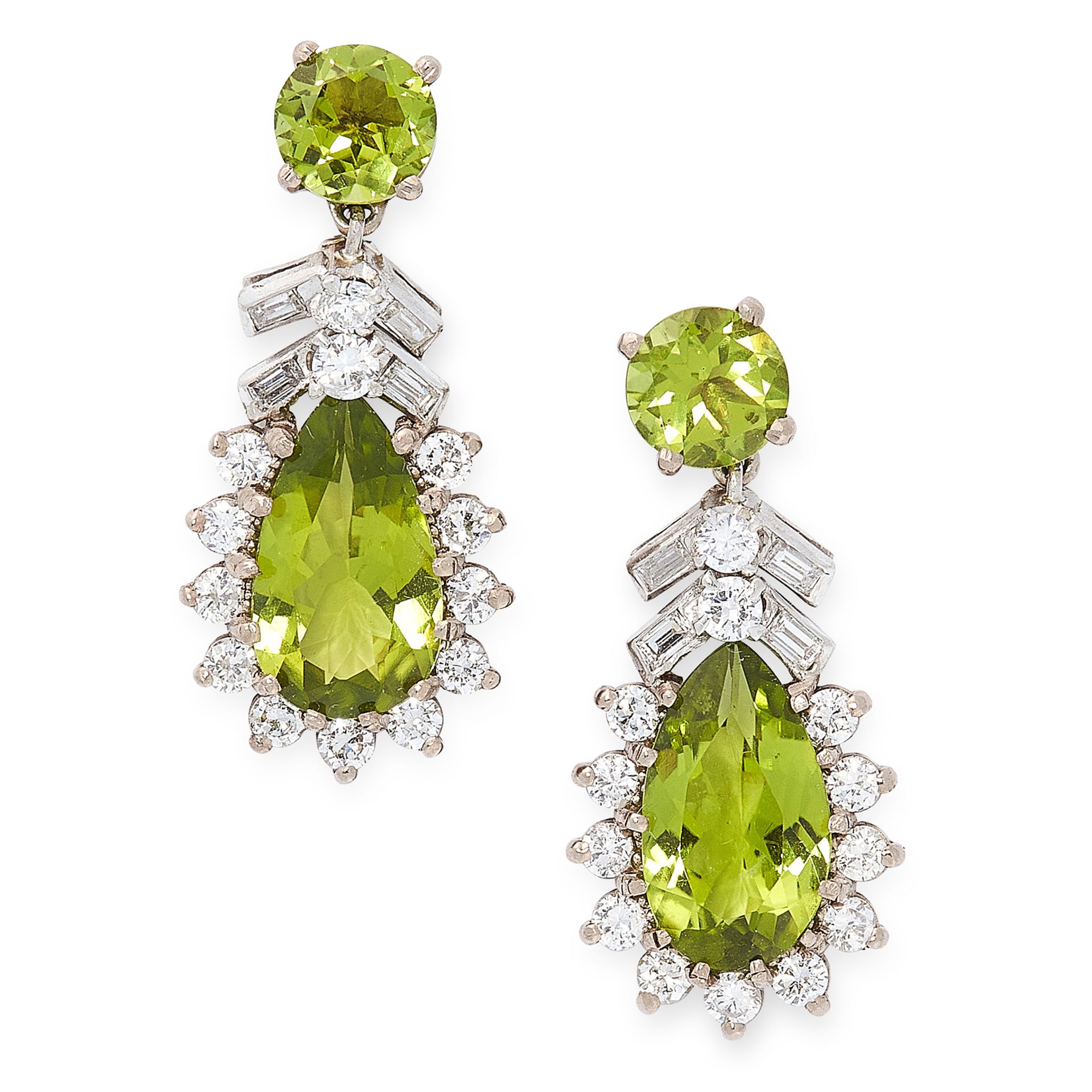 A PAIR OF PERIDOT AND DIAMOND EARRINGS in 18ct white gold, each set with a pear cut peridot