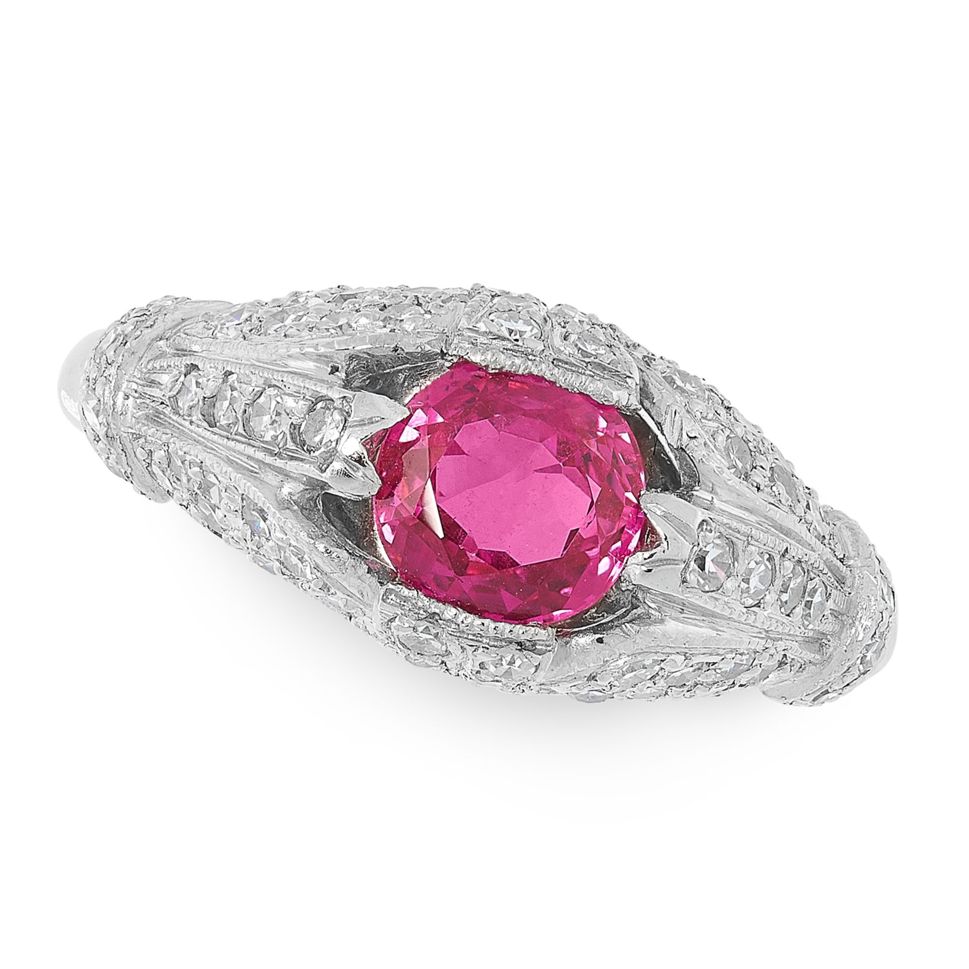 AN ART DECO BURMA NO HEAT RUBY AND DIAMOND RING, EARLY 20TH CENTURY in platinum, set with an oval