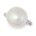 A PEARL AND DIAMOND DRESS RING, CIRCA 1930 set with a pearl of 12.8mm between shoulders accented