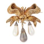 AN IMPORTANT ANTIQUE BLACK AND WHITE NATURAL PEARL AND DIAMOND BROOCH, 19TH CENTURY in yellow