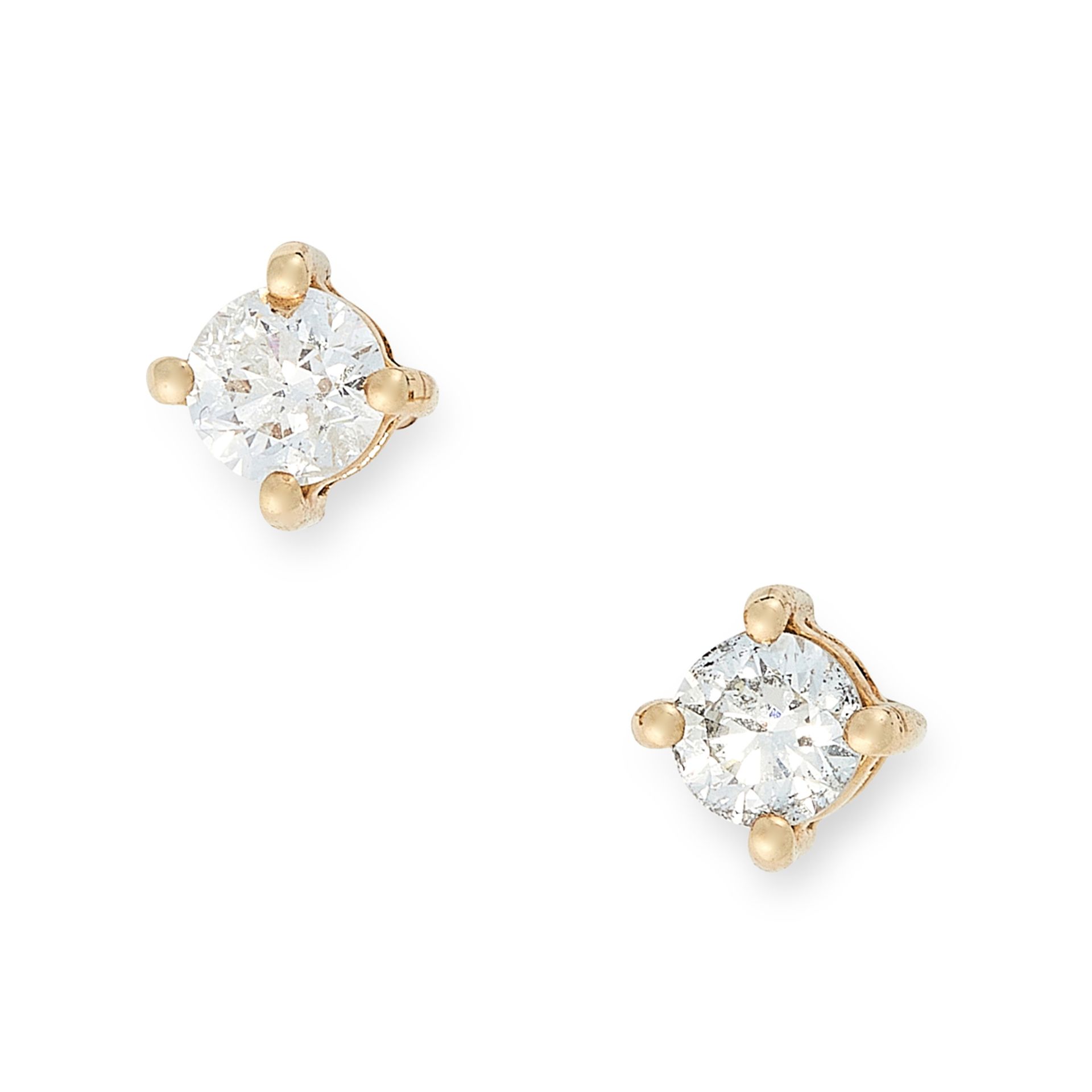 A PAIR OF DIAMOND STUD EARRINGS in 18ct yellow gold, each set with a round cut diamond totalling 0.