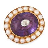 AN ANTIQUE DIAMOND, AMETHYST AND PEARL BROOCH, 19TH CENTURY in yellow gold, set with an oval cut