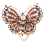 AN ANTIQUE DIAMOND AND ENAMEL BUTTERFLY CLIP BROOCH in yellow gold, designed as a butterfly, its