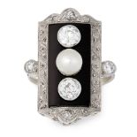 A PEARL, DIAMOND AND ONYX DRESS RING, EARLY 20TH CENTURY the rectangular face set with polished