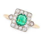 A COLOMBIAN EMERALD AND DIAMOND RING in 18ct yellow gold and platinum, set with an emerald cut